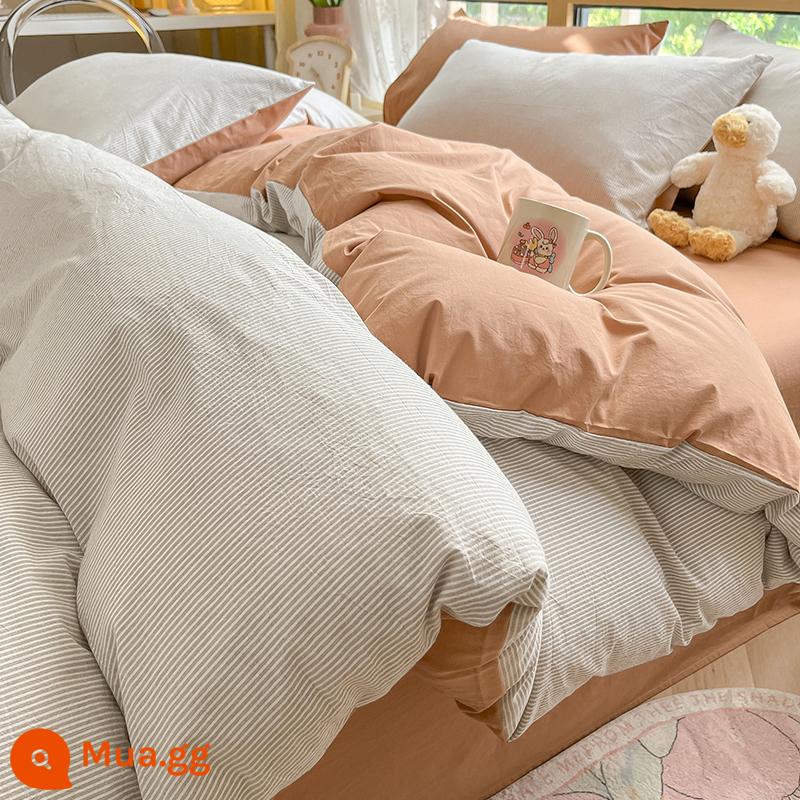 Bộ đồ giường bằng vải cotton nguyên chất đã giặt sạch Bộ bốn mảnh cotton nguyên chất 2023 Khăn trải giường và vỏ chăn trong ký túc xá sinh viên mới Bộ ba mảnh - M Liu Nian Mi Ka [Nếu không làm bằng bông nguyên chất sẽ bị phạt mười]