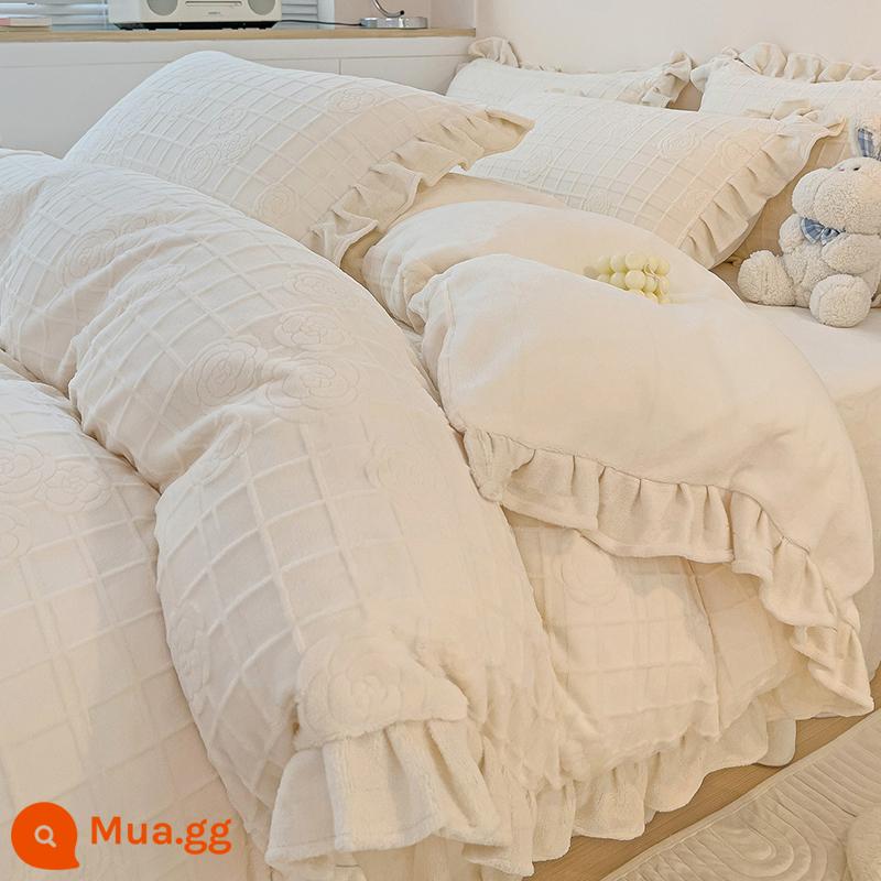 Bed Bed váy sữa Velvet Bốn bộ mền nhung san hô đôi Falerlan cộng với nhung ba giường nhóm - R Nhung Elena Trắng