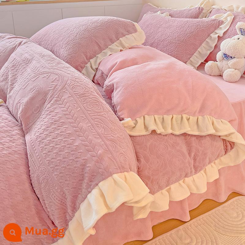 Bed Bed váy sữa Velvet Bốn bộ mền nhung san hô đôi Falerlan cộng với nhung ba giường nhóm - R tình yêu nhung cuối thu hồng