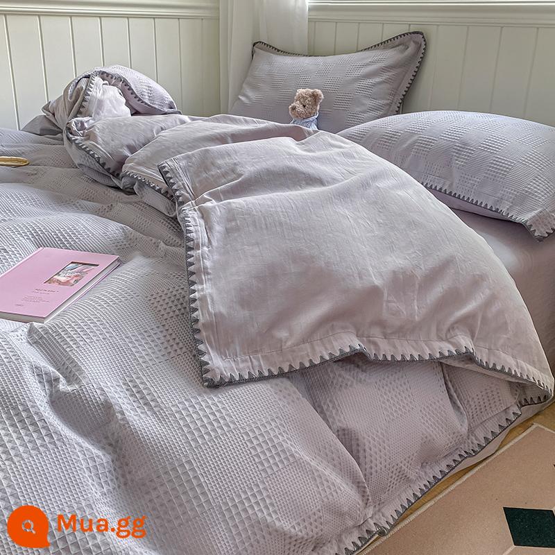 Phong Cách Bắc Âu Bộ 4 Bộ Cotton Nguyên Chất Cotton Waffle Đơn Giản Màu Giường Vỏ Chăn 3 Bộ Chăn Ga Gối trang Bị Tấm - M Ralph Lauren Polo Xám Nhạt