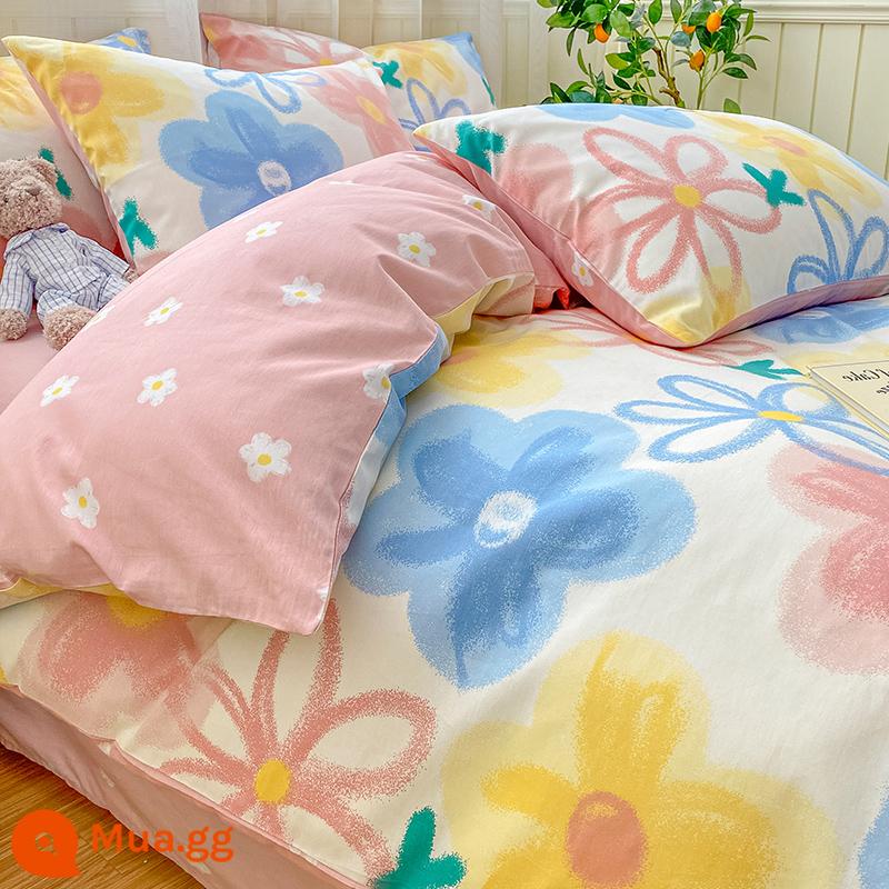 Ins Giường Bộ 4 Cotton Nguyên Chất 100 Mục Vụ Giường Phong Cách Chăn Ga Gối 3 Lưới Đỏ Ký Túc Xá giường Bộ Chăn Ga Gối - M JYJJ [Bông thoải mái và thoáng khí]