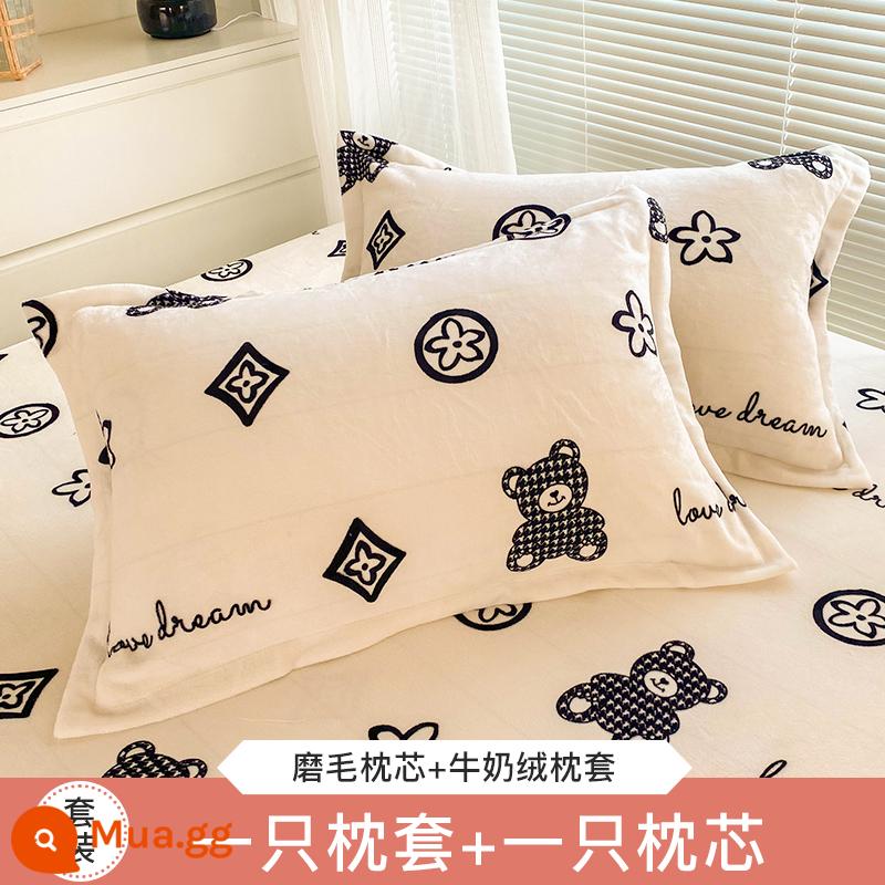 Gối ruột gối home có vỏ gối đốt sống cổ giúp ngủ ngon cả đầu nam cặp chụp 2 bộ đơn và đôi ký túc xá sinh viên - [Lõi gối đơn + Vỏ gối nhung sữa] Gấu thời thượng ZTR