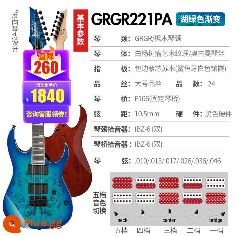 Ibanez Ibanna Đàn Guitar Điện GRX40/70QA/120 GRG121/170DX Bộ Đàn Guitar Cho Người Mới Bắt Đầu - [⭐⭐Mẫu veneer đầu đảo ngược] GRGR221PA màu xanh hồ gradient (thiết kế đầu đảo ngược) + gói quà tặng cho người mới bắt đầu