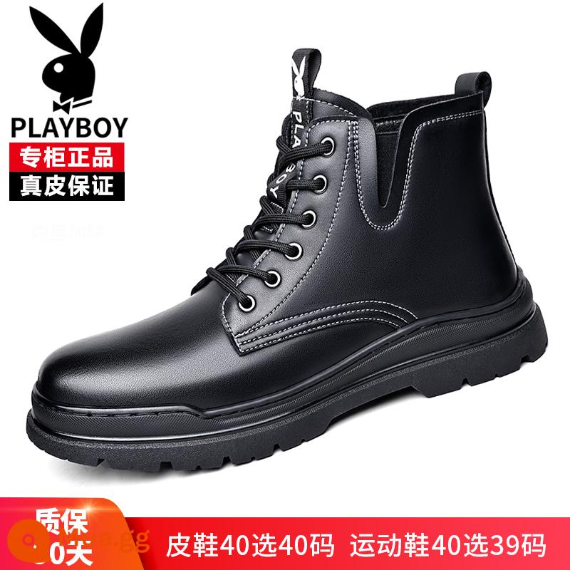 Giày bốt Playboy Martin ống cao nam phong cách Anh quốc chải màu bên trong tăng chiều cao giày bốt da thật mùa đông cộng lông cừu bốt bông giày nam hợp thời trang - 15168 màu đen