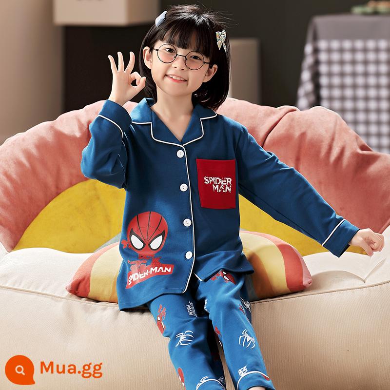 Bộ đồ ngủ trẻ em nữ mùa xuân và mùa thu cotton nguyên chất dài tay cho trẻ em trung và lớn mùa hè bé gái cardigan bé gái quần áo mặc ở nhà 12-15 tuổi - 66138-Người nhện