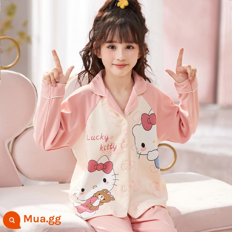 Bộ đồ ngủ trẻ em nữ mùa xuân và mùa thu cotton nguyên chất dài tay cho trẻ em trung và lớn mùa hè bé gái cardigan bé gái quần áo mặc ở nhà 12-15 tuổi - 33400-Xin chào