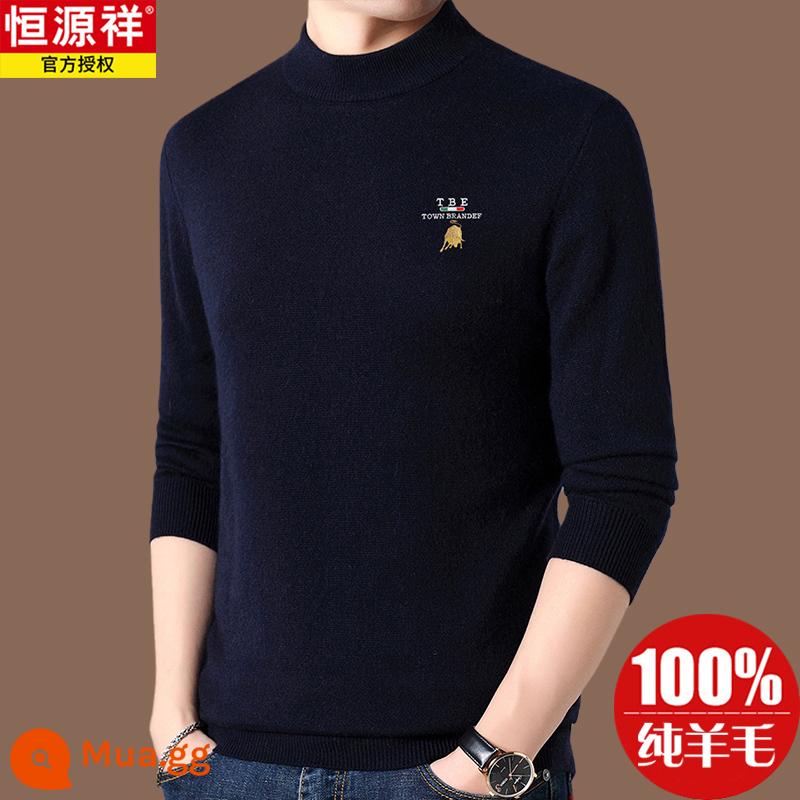 Hengyuanxiang chính hãng áo len len 100 len nam phong cách hot 2022 áo sơ mi đáy cashmere mới mùa thu đông - Áo cổ lọ nửa cổ xanh navy [Hao 8908]