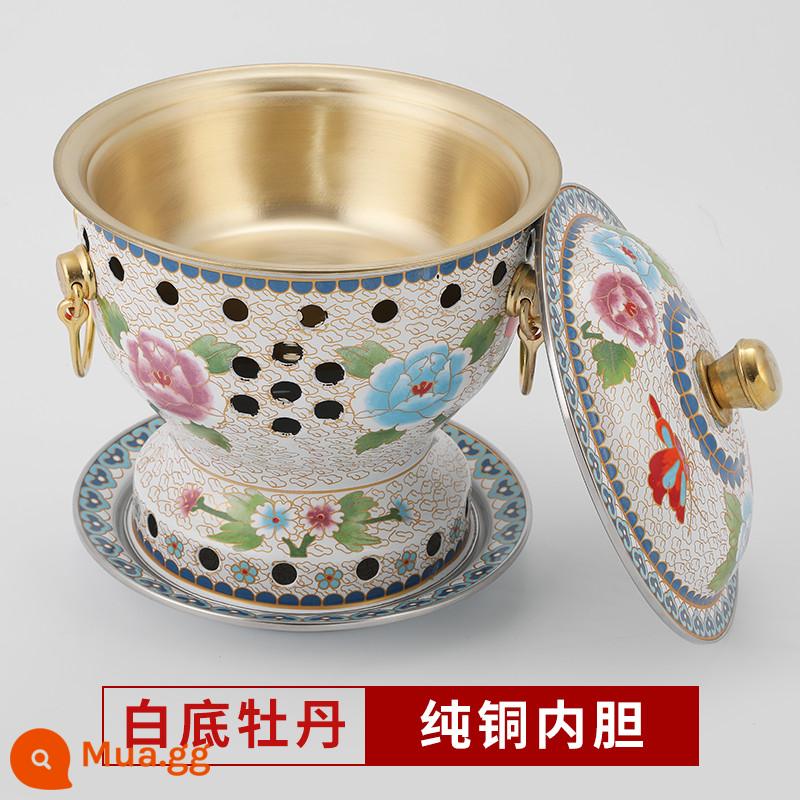 Cloisonne nồi lẩu đồng đặc cồn đồng nguyên chất nồi đồng bếp cồn đơn nồi lẩu nhỏ 1 người 1 nồi đồng hộ gia đình - Mẫu hoa mẫu đơn nền trắng cực dày [lót đồng nguyên chất] đi kèm bình dầu 4 lõi + 2 lần đổ xăng