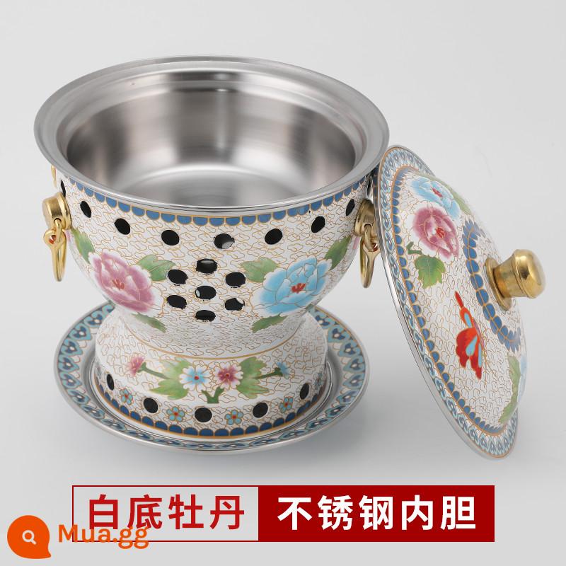 Cloisonne nồi lẩu đồng đặc cồn đồng nguyên chất nồi đồng bếp cồn đơn nồi lẩu nhỏ 1 người 1 nồi đồng hộ gia đình - Model hoa mẫu đơn nền trắng cực dày [bình trong 304] đi kèm bình dầu 4 lõi + 2 lần đổ xăng