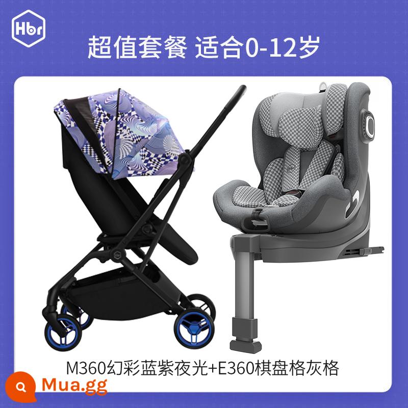 Gói giá trị HBR Tiger Bell E360 Ghế an toàn cho bé Xe đẩy em bé gấp nhẹ - Bóng ma màu xanh tím M360 dạ quang + Bàn cờ E360 màu xám