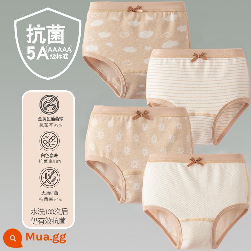 Quần lót trẻ em cotton bé gái quần lót boxer quần trẻ em tam giác trẻ em 2-18 tuổi cotton màu kháng khuẩn không dấu vết - 4 gói-Cô gái bốn mùa Mây tam giác Hoa cúc Sọc nâu Màu be Trắng