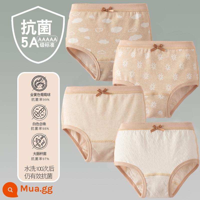 Quần lót trẻ em cotton bé gái quần lót boxer quần trẻ em tam giác trẻ em 2-18 tuổi cotton màu kháng khuẩn không dấu vết - 4 gói-Cô gái bốn mùa Tam giác Màu be Nâu Tình yêu Mây trắng Hoa cúc