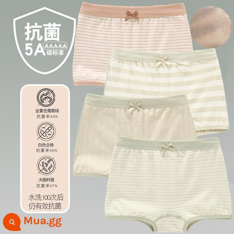 Quần lót trẻ em cotton bé gái quần lót boxer quần trẻ em tam giác trẻ em 2-18 tuổi cotton màu kháng khuẩn không dấu vết - 4 gói - Gái gầy góc phẳng mỏng xanh rộng xanh dọc xanh mỏng nâu