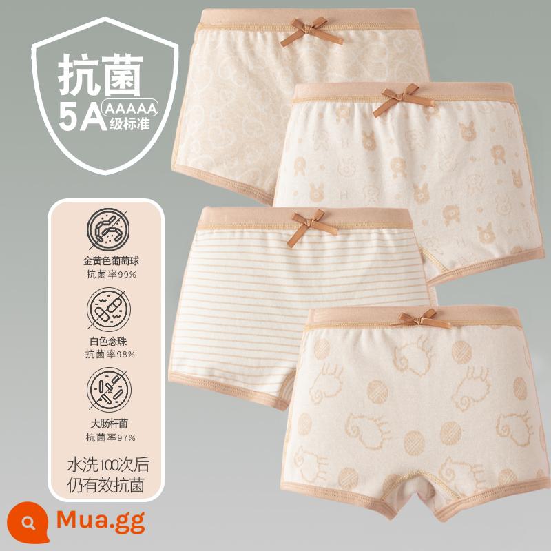 Quần lót trẻ em cotton bé gái quần lót boxer quần trẻ em tam giác trẻ em 2-18 tuổi cotton màu kháng khuẩn không dấu vết - 4 gói-Dải màu nâu hình con cừu và gấu góc phẳng dành cho bé gái bốn mùa