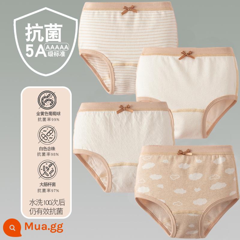 Quần lót trẻ em cotton bé gái quần lót boxer quần trẻ em tam giác trẻ em 2-18 tuổi cotton màu kháng khuẩn không dấu vết - 4 gói-Bốn Mùa Cô Gái Mây Tam Giác Sọc Nâu Màu Be Trắng Tim Trắng