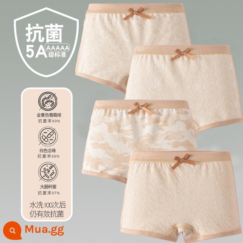 Quần lót trẻ em cotton bé gái quần lót boxer quần trẻ em tam giác trẻ em 2-18 tuổi cotton màu kháng khuẩn không dấu vết - 4 gói-Bốn Mùa Cô Gái Góc Phẳng Hình Trái Tim Vòng Cung Ngụy Trang Màu Nâu Tình Yêu