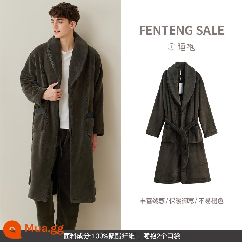 Fenten mùa thu đông dày flannel váy ngủ cặp đôi mùa đông nữ phiên bản dài nhung san hô áo choàng tắm bộ đồ ngủ nam mặc nhà - M98440780 xanh đậm