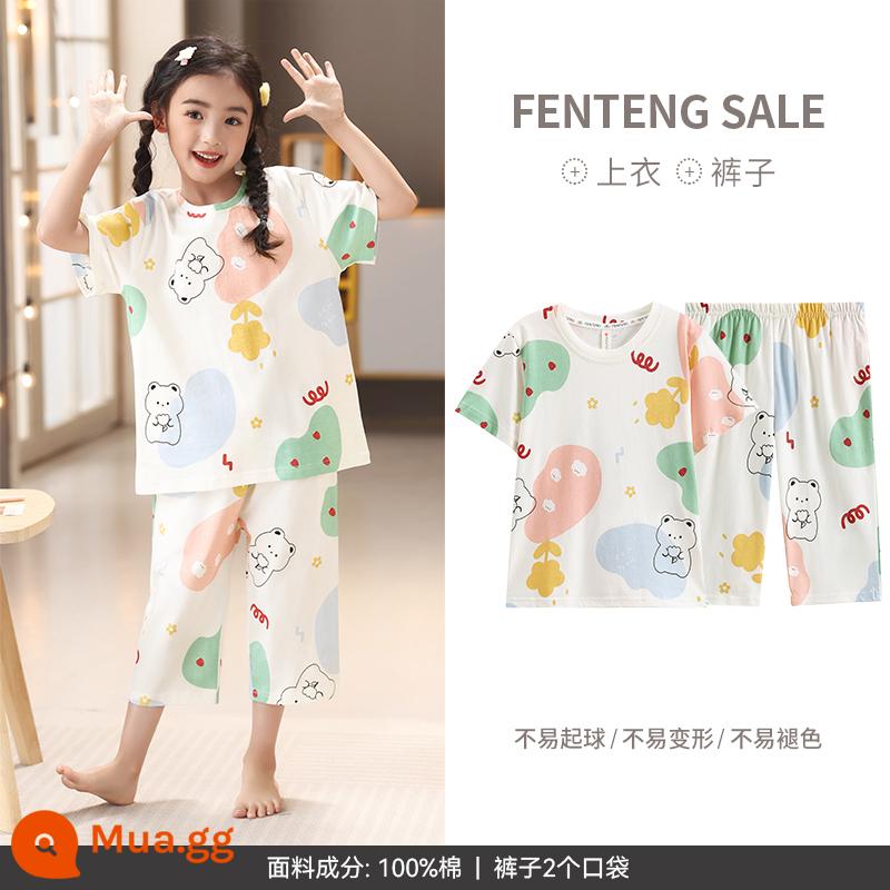 Bộ đồ ngủ Fenton bé gái cotton ngắn tay mùa hè mỏng phần mẹ và con gái phù hợp với bé gái lớn trẻ em bé quần áo mặc ở nhà cha mẹ và con cái - Mi Xing-Gấu Nhỏ Graffiti