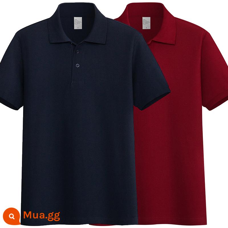 220G Cotton Áo Sơ Mi Áo Thun Nam Ngắn Tay Ve Áo Rời Đồng Màu Trung Niên Piqué Cotton Mùa Hè Ralph Lauren Áo Sơ Mi - Màu xanh hải quân + đỏ rượu vang