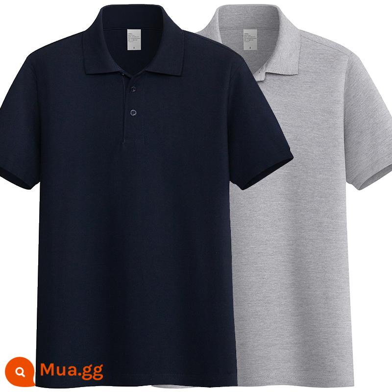 220G Cotton Áo Sơ Mi Áo Thun Nam Ngắn Tay Ve Áo Rời Đồng Màu Trung Niên Piqué Cotton Mùa Hè Ralph Lauren Áo Sơ Mi - Hải quân + xám