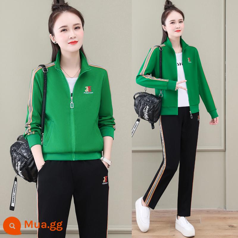 Bộ đồ thể thao nữ mùa xuân và mùa thu ba mảnh phù hợp với áo cardigan cổ đứng áo màu trắng thời trang chạy bộ thể thao - Bộ ba mảnh màu xanh lá cây 6801