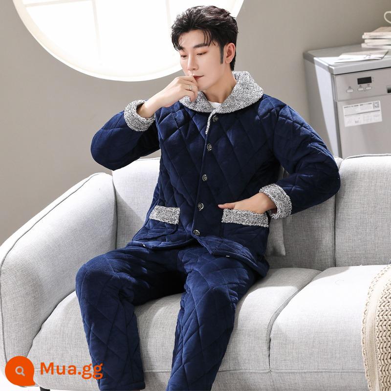 Bộ đồ ngủ nam 3 lớp chần bông thu đông dài tay quần cardigan dày ấm phục vụ tại nhà phù hợp với mới 2022 - Bộ vest nam MS807 chần bông dày 3 lớp nhung