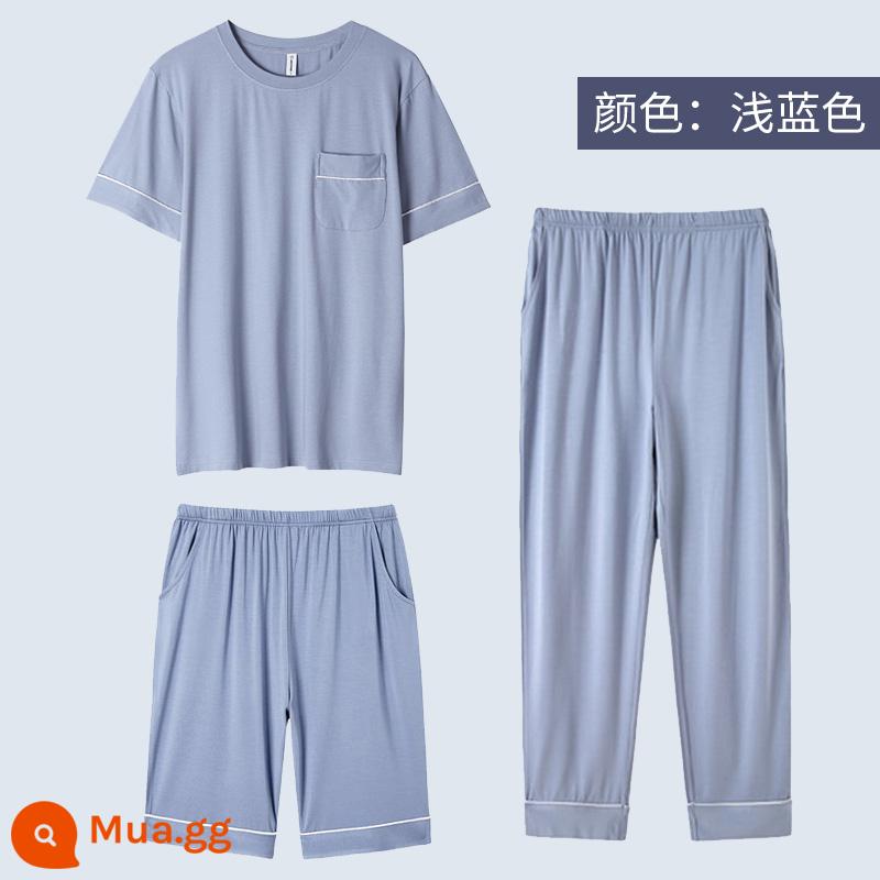 Modal pyjamas nam bộ đồ ba mảnh quần dài tay ngắn mùa hè cotton nguyên chất phục vụ tại nhà cho nam bộ đồ mùa xuân và mùa thu - Màu xanh nhạt, mát mẻ vào mùa hè, thoáng khí, không ngột ngạt