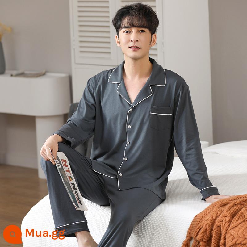 Bộ đồ ngủ Modal dành cho nam mùa xuân thu cotton dài tay cỡ lớn phong cách cardigan 2023 bộ đồ mặc nhà mùa hè mới dành cho nam - X2117 cotton modal màu xám đậm mềm mại và thân thiện với da