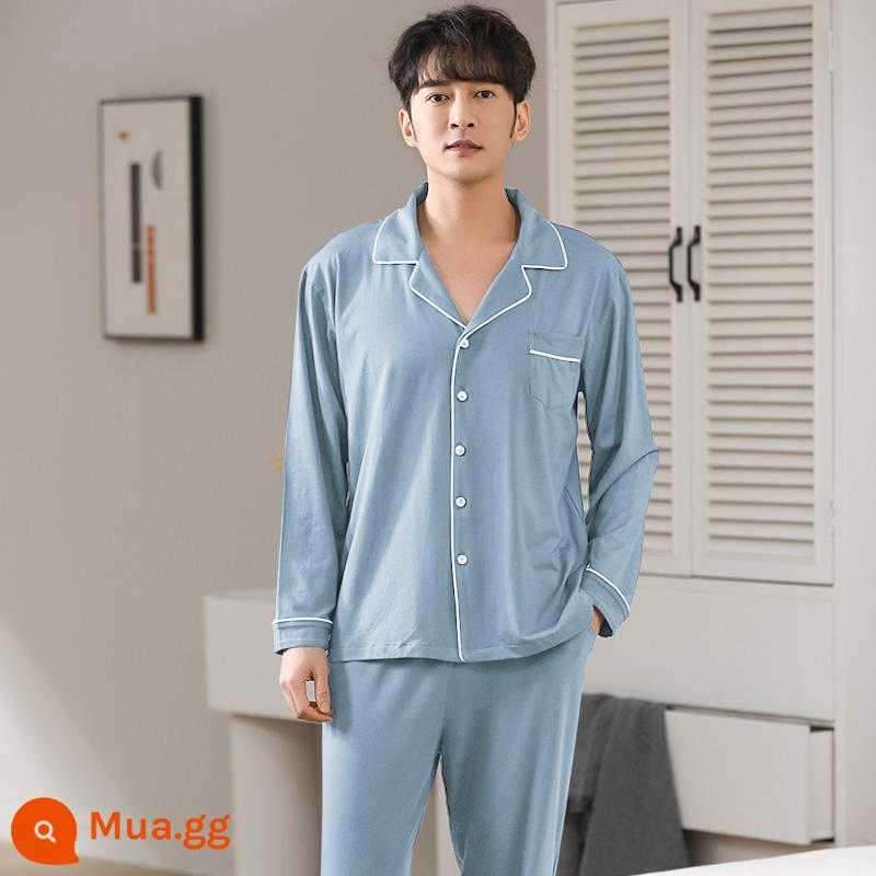 Bộ đồ ngủ Modal dành cho nam mùa xuân thu cotton dài tay cỡ lớn phong cách cardigan 2023 bộ đồ mặc nhà mùa hè mới dành cho nam - X2117 cotton modal màu xanh nhạt mềm mại và thân thiện với da