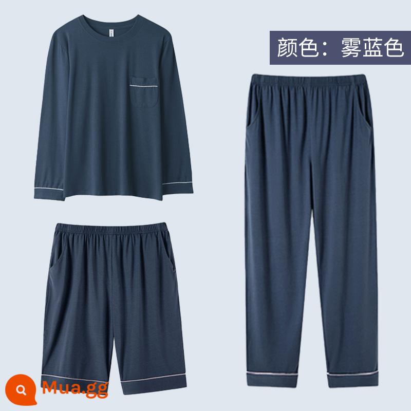 Modal pyjamas nam bộ đồ ba mảnh quần dài tay ngắn mùa hè cotton nguyên chất phục vụ tại nhà cho nam bộ đồ mùa xuân và mùa thu - Ba món quần short + quần dài tay màu xanh sương mù, cotton modal, mềm mại và thân thiện với làn da