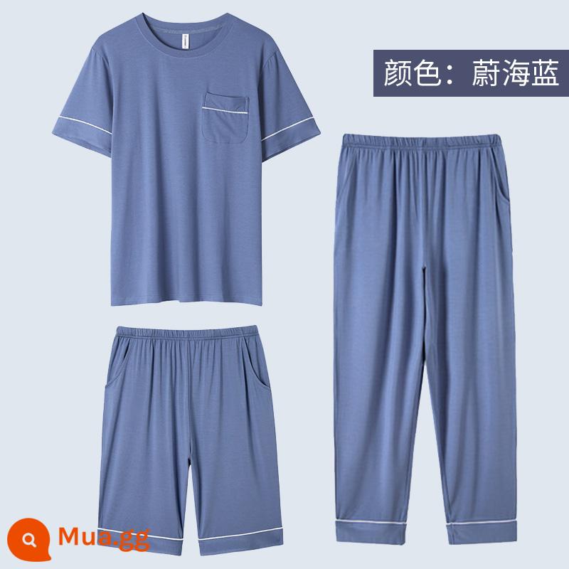 Modal pyjamas nam bộ đồ ba mảnh quần dài tay ngắn mùa hè cotton nguyên chất phục vụ tại nhà cho nam bộ đồ mùa xuân và mùa thu - Hình ảnh chủ đạo là màu xanh lam, mát mẻ vào mùa hè, thoáng khí và không ngột ngạt.