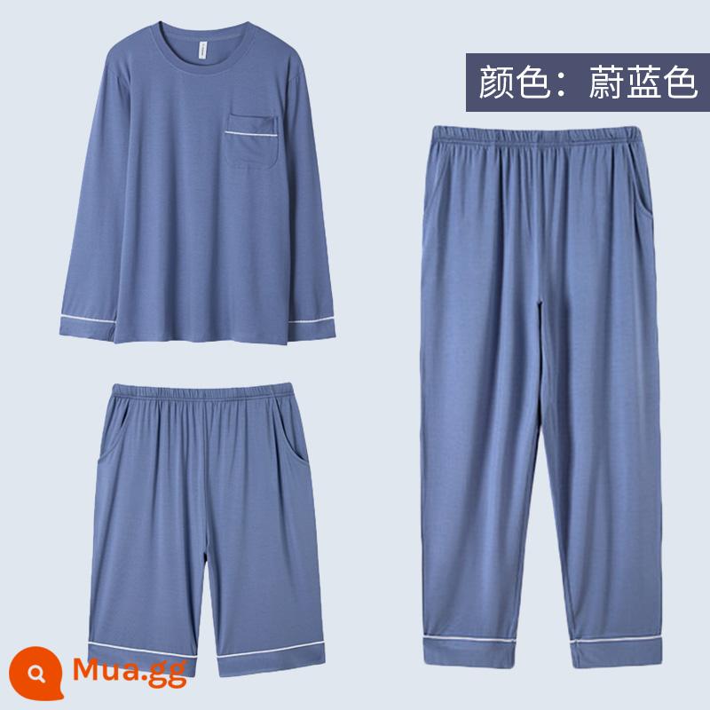 Modal pyjamas nam bộ đồ ba mảnh quần dài tay ngắn mùa hè cotton nguyên chất phục vụ tại nhà cho nam bộ đồ mùa xuân và mùa thu - Ba món quần short + quần dài tay cotton modal màu xanh, mềm mại và thân thiện với làn da