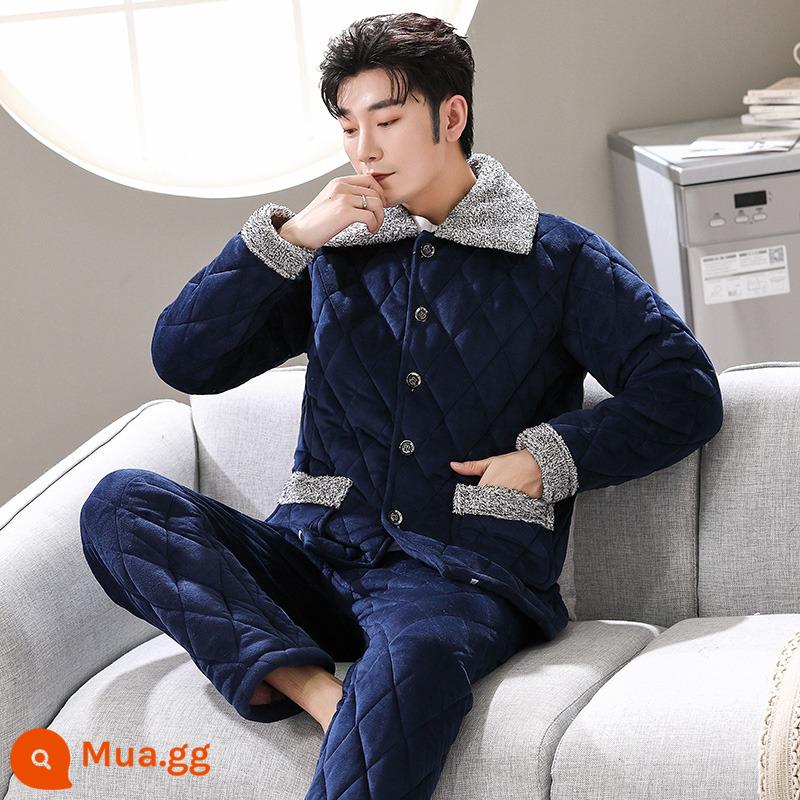 Bộ đồ ngủ nam 3 lớp chần bông thu đông dài tay quần cardigan dày ấm phục vụ tại nhà phù hợp với mới 2022 - Bộ vest nam MS805 chần bông dày 3 lớp nhung