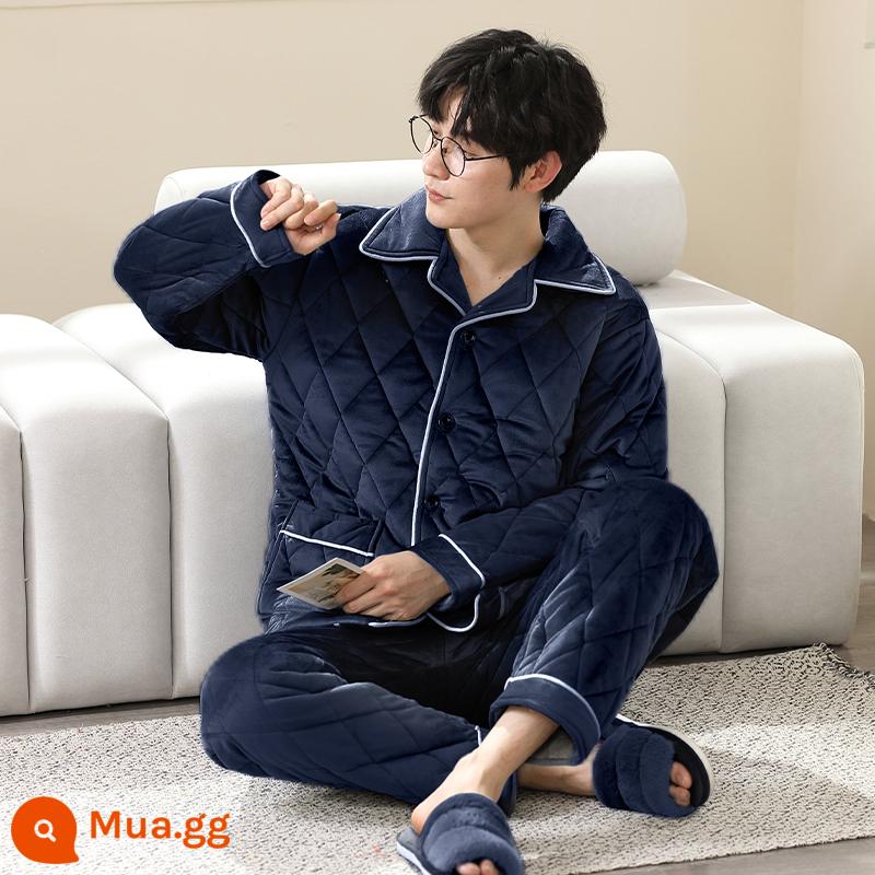 Bộ đồ ngủ nam 3 lớp chần bông thu đông dài tay quần cardigan dày ấm phục vụ tại nhà phù hợp với mới 2022 - Bộ đồ màu xanh sapphire X2141 chần bông dày ba lớp và nhung