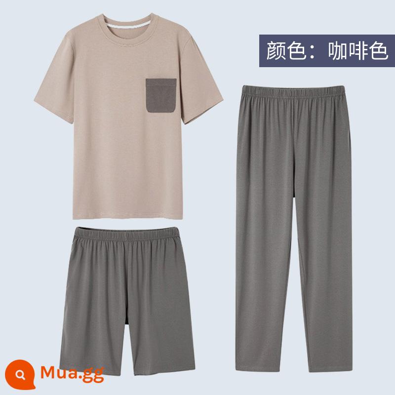 Modal pyjamas nam bộ đồ ba mảnh quần dài tay ngắn mùa hè cotton nguyên chất phục vụ tại nhà cho nam bộ đồ mùa xuân và mùa thu - Màu nâu thời trang, mát mẻ vào mùa hè, thoáng khí và không ngột ngạt