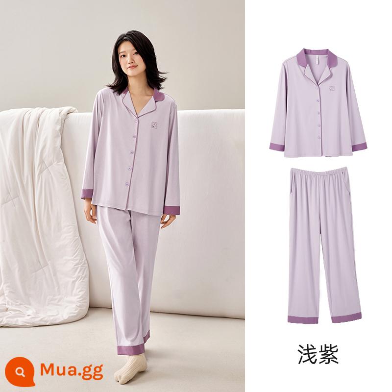 Anzhiban Cặp Đôi Bộ Đồ Ngủ Nữ Xuân Thu Dài Tay Nguyên Chất Cotton Rời Cổ Cao Cấp Mặc Ở Nhà bộ Kích Thước Lớn - Một nữ màu tím nhạt