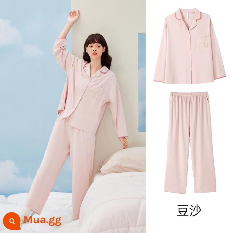 Anzhiban Cặp Đôi Bộ Đồ Ngủ Nữ Xuân Thu Dài Tay Nguyên Chất Cotton Rời Cổ Cao Cấp Mặc Ở Nhà bộ Kích Thước Lớn - Đậu Đậu-Nữ