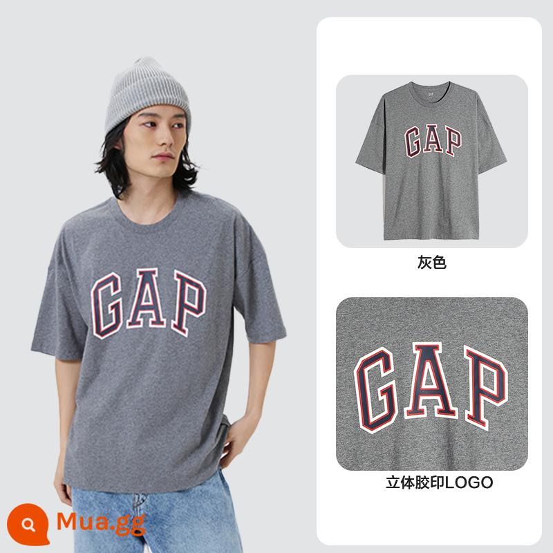 Hồ sơ nam nữ Gap áo thun lệch vai LOGO chữ cotton ngắn tay 688537 cặp đôi mùa hè Thủy triều cổ điển Mỹ - xám