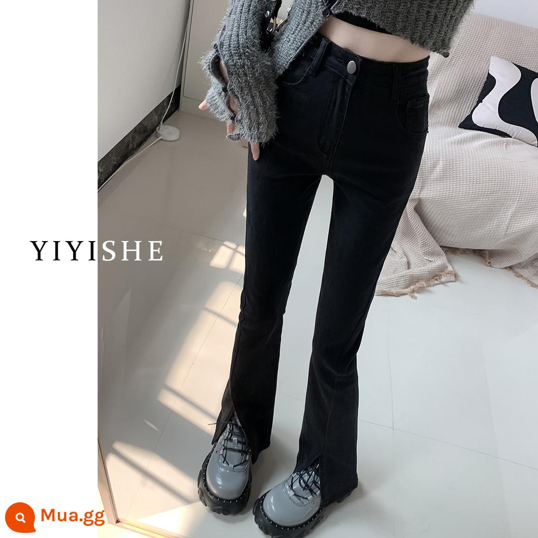 Quần jean bootcut màu đen xẻ tà nhung nữ mùa thu đông 2022 mới cao cấp eo thon co giãn lau quần ống loe - Chín điểm đen [kiểu đơn]