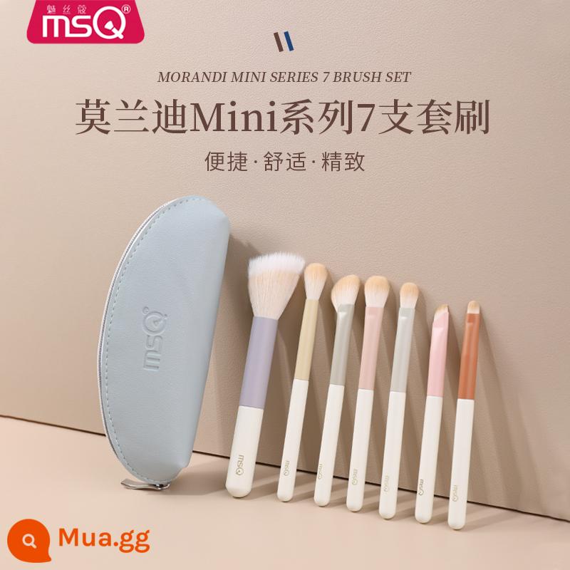 MSQ/Meisika 10 chiếc Morandi Bộ cọ trang điểm cầm tay mini cầm tay đầy đủ Bộ cọ phấn mắt mini du lịch - 7 miếng Morandi (kiểu túi đựng cọ)