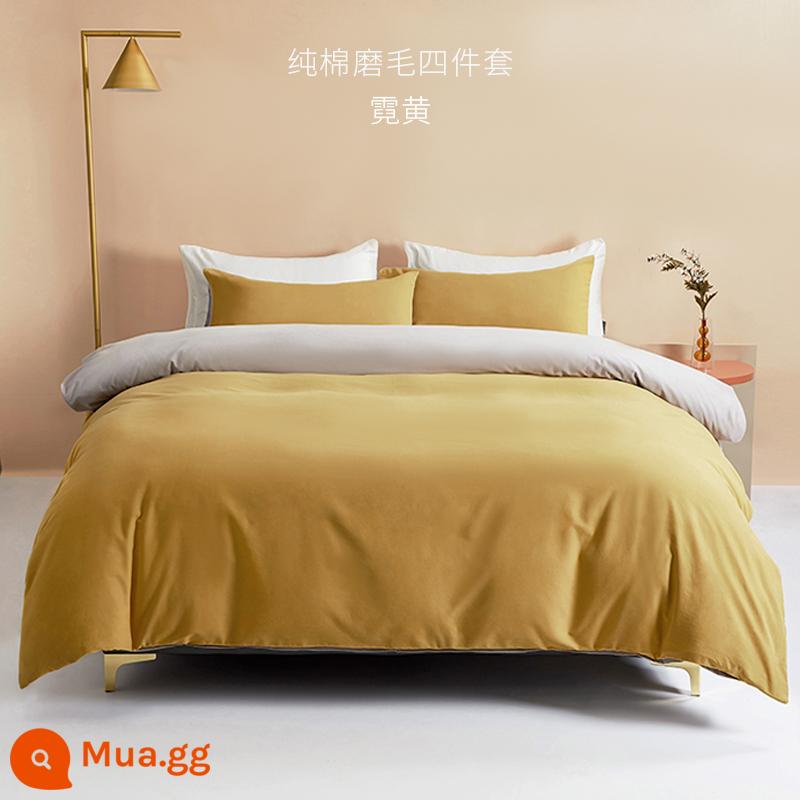 Chim Làm Tổ Cotton Nguyên Chất Chải Bộ 4 Món Thu Đông Dày Màu Vỏ Chăn Ánh Sáng Sang Trọng Cao Cấp Ga Giường Khách Sạn Vỏ Chăn - màu vàng neon