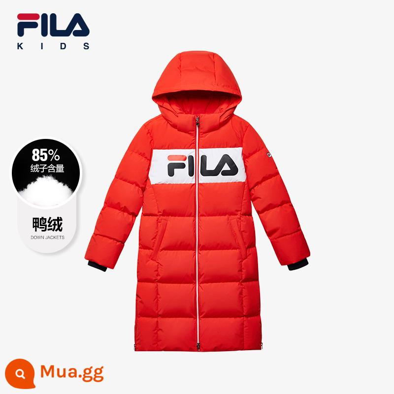 FILA KIDSFila quần áo trẻ em áo khoác trẻ em mùa đông 2023 phong cách mới dài phiên bản có mũ áo khoác ấm áp cho bé trai và bé gái - PRD đỏ rực