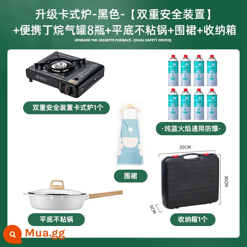 Bếp Cassette Ngoài Trời Di Động Bếp Gas Dã Ngoại Bếp Cắm Trại Nồi Lẩu Thẻ Bếp Từ Cass Bếp Bếp Gas Âm - Bếp Cassette đen [thiết bị an toàn kép + 8 bình ga + nồi chống dính đáy phẳng + tạp dề + hộp bảo quản]