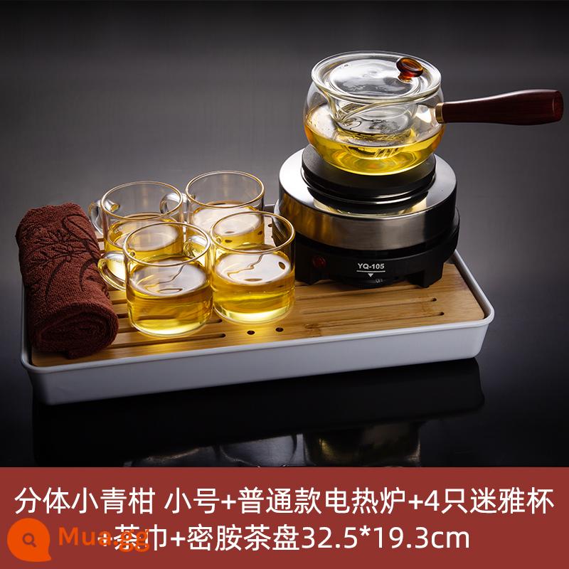 Tạm dán Net Red Black Crystal Lò lon lò sưởi Teapot Tea Set Tea Bộ Tea Bộ lọc Kung Fu Fu Glass Bubble Teapot - [Giờ uống trà] Kèn cam xanh + bếp điện thường + 4 cốc Miya + khăn pha trà + khay trà melamine