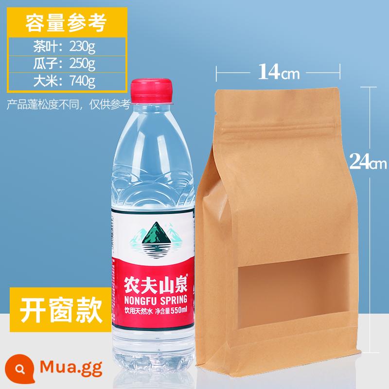 Túi giấy kraft túi ziplock trong suốt mờ tám mặt bịt kín ba chiều bằng không thực phẩm trà trái cây sấy khô túi đóng gói túi kín - Cửa sổ giấy kraft loại 14*24+6CM