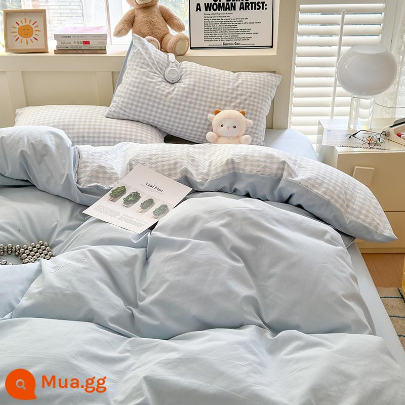 Giường cotton màu kem phong cách Bộ giường bốn mảnh ba mảnh ký túc xá sinh viên vỏ chăn bông nguyên chất tấm trải giường màu trơn - Giai đoạn gặp gỡ-lưới màu xanh nhạt-2