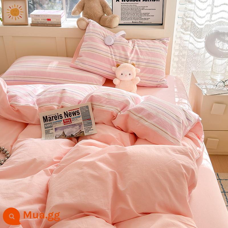 Giường cotton màu kem phong cách Bộ giường bốn mảnh ba mảnh ký túc xá sinh viên vỏ chăn bông nguyên chất tấm trải giường màu trơn - Qiyu-Sọc Hồng-2