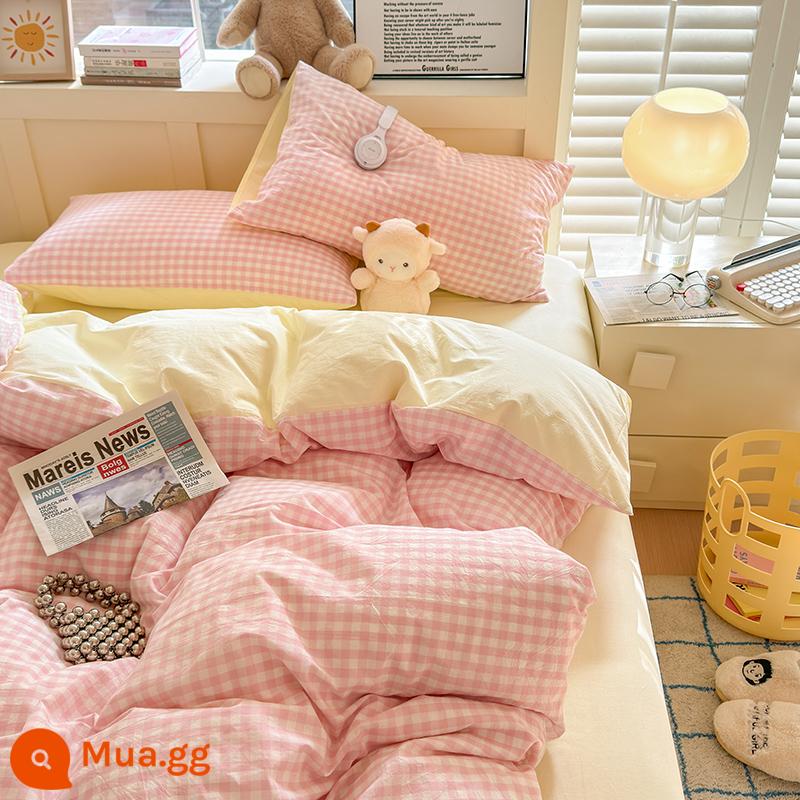 Giường cotton màu kem phong cách Bộ giường bốn mảnh ba mảnh ký túc xá sinh viên vỏ chăn bông nguyên chất tấm trải giường màu trơn - Kỳ gặp gỡ-lưới hồng nhạt-1