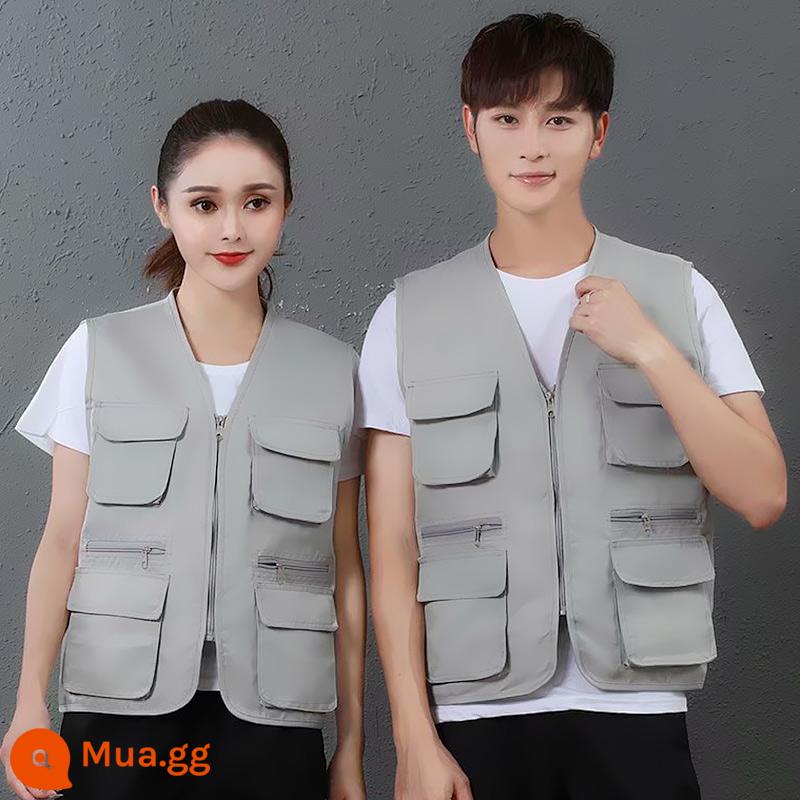 Nhiều túi cổ chữ V áo liền quần vest tùy chỉnh tình nguyện vest in du lịch chụp ảnh quảng cáo dụng cụ in logo - xám