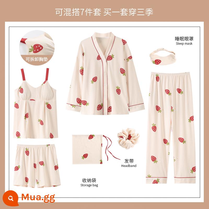 Yu Zhaolin 2022 bộ đồ ngủ bằng cotton nguyên chất dành cho nữ mới có đệm ngực dài tay mùa xuân và mùa thu bộ đồ bảy mảnh mùa thu dịch vụ tại nhà - YZL-QGL1635